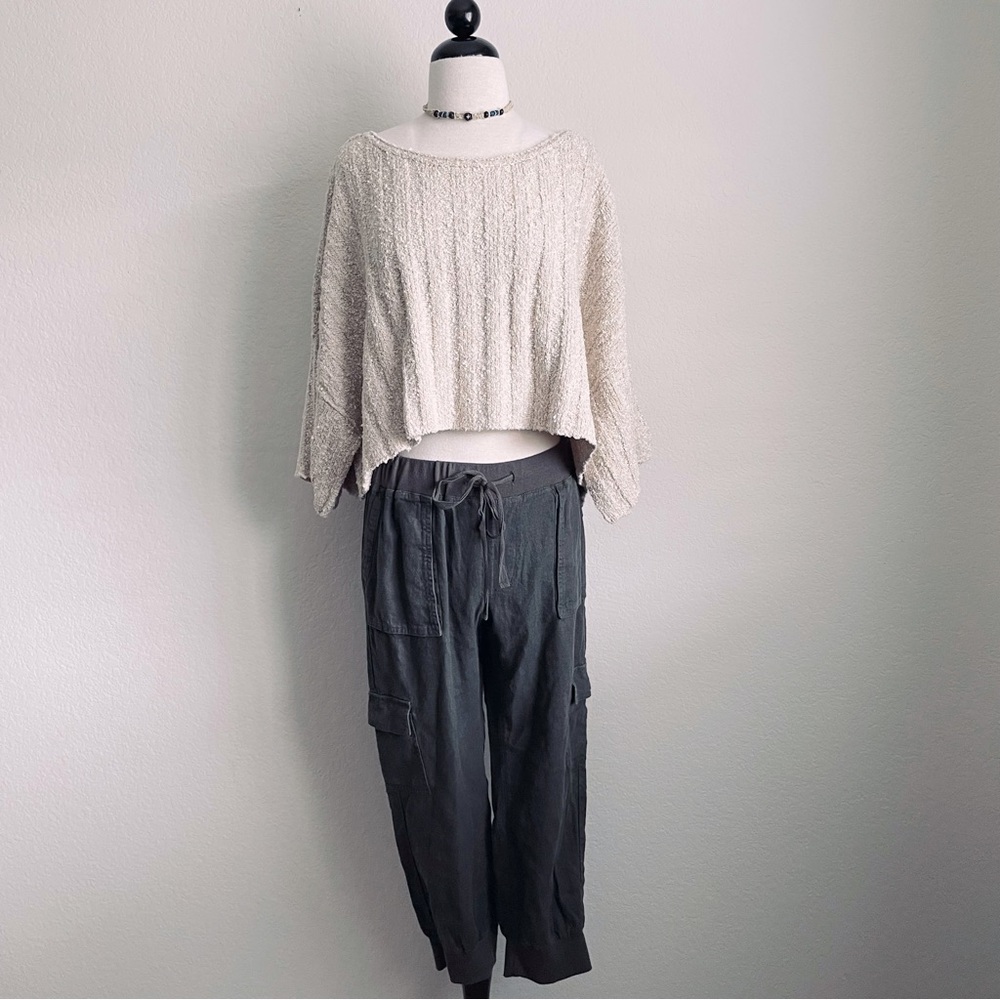 Free People Oatmeal Ribbed Knit Semi-Cropped Boxy Scoop Neck Sweater